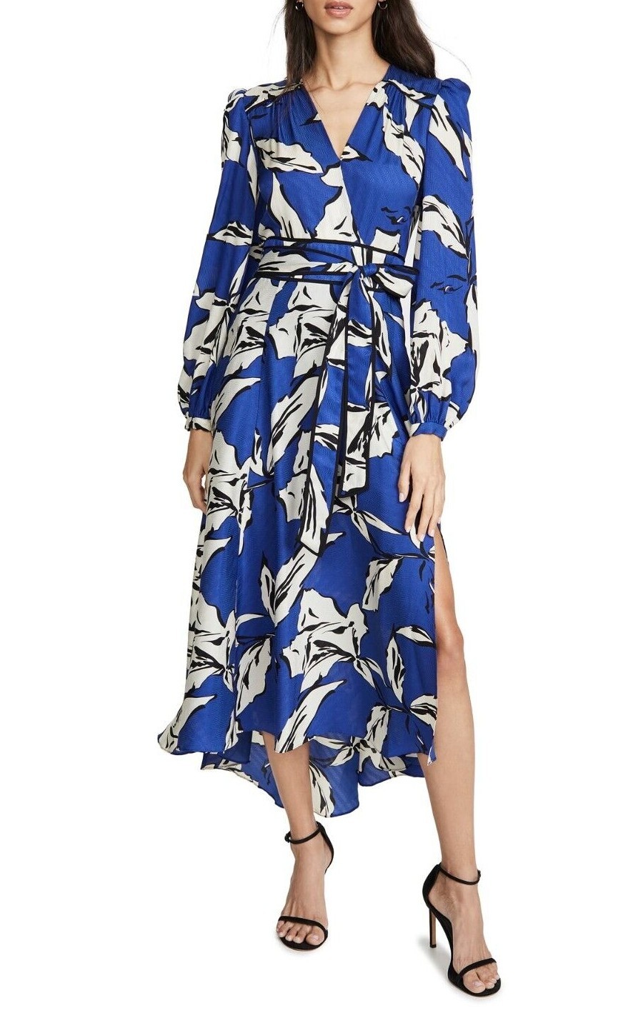 Veronica Beard Mclean Long Sleeve Floral Silk Blend Maxi Dress Blue Multi Size 4