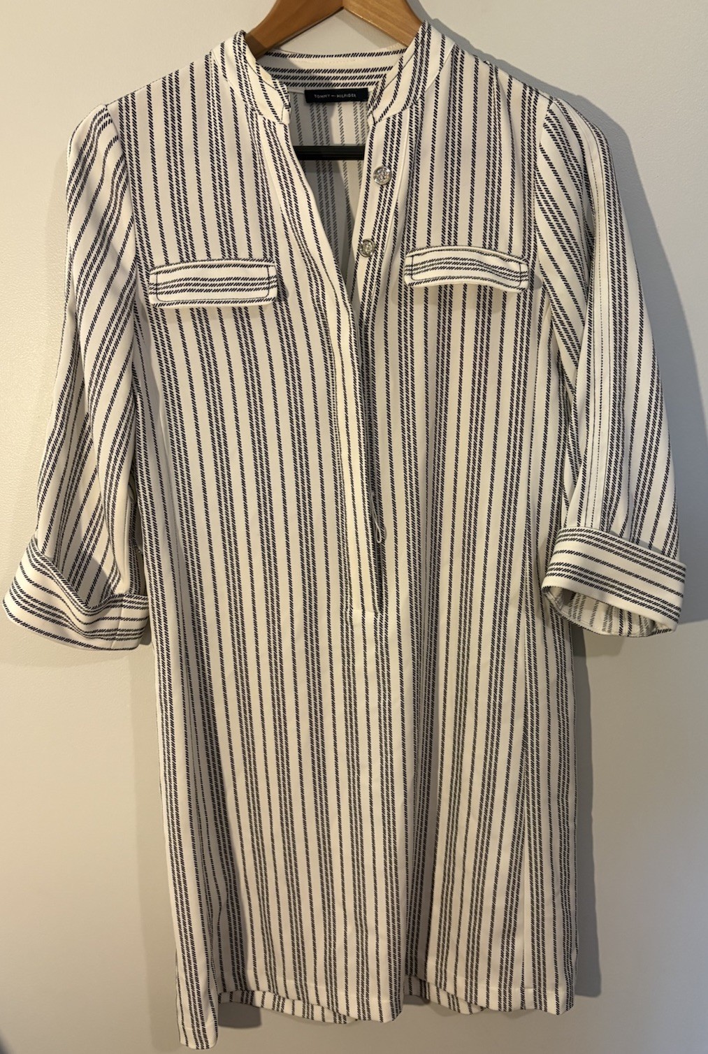 Tommy Hilfiger Belted White/Black Striped Dress (MISSING BELT), Cuffed Sleeves,8