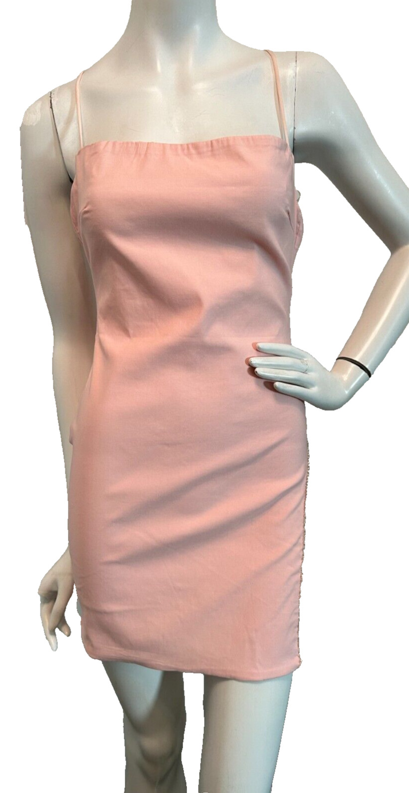 Y2K Club Princess Mini Dress Medium Rhinestone Fringe Open Back Pink Stretch NWT