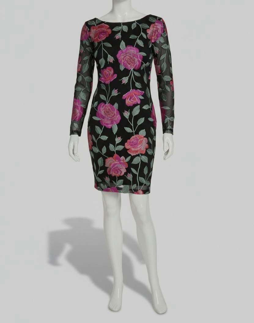 Siena Women’s Black Floral Embroidered Mesh Bodycon Dress Size 4