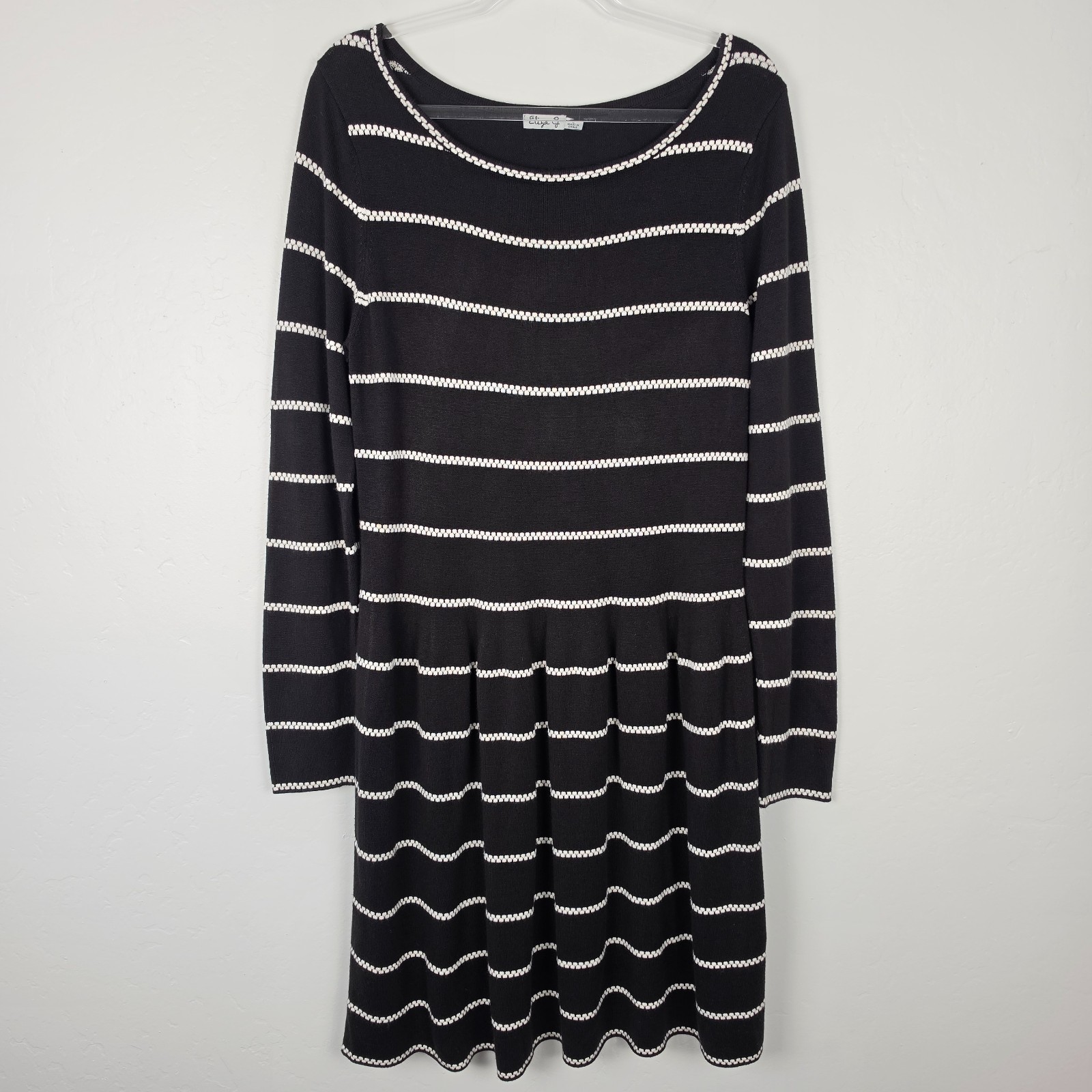 Eliza J Knit Dress A-Line Long Sleeve Striped Sweater Dress Black White Size L
