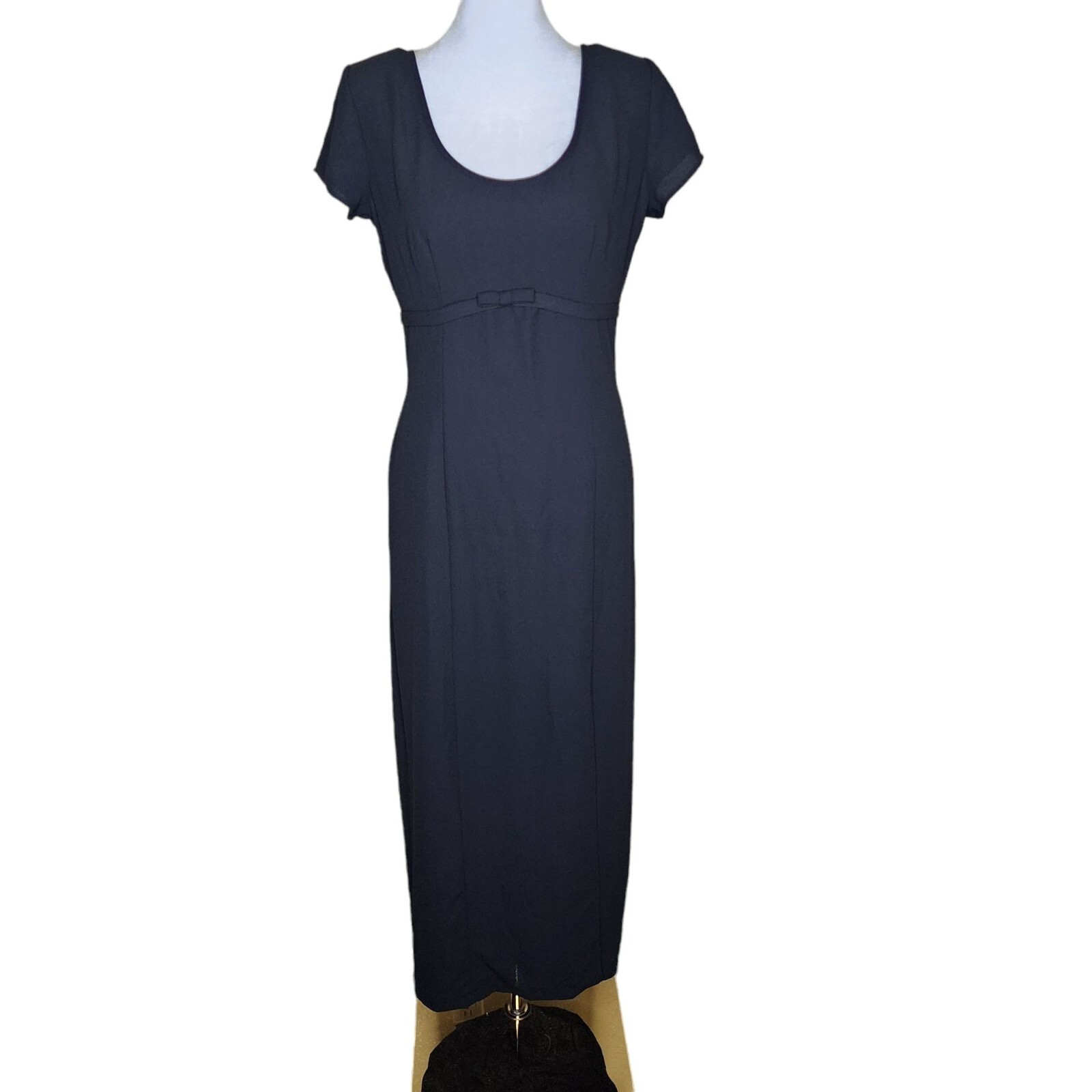 Vintage 1990s Maxi Dress Womens Size 5 Black Fitted Empire Waist Bow Made in USA