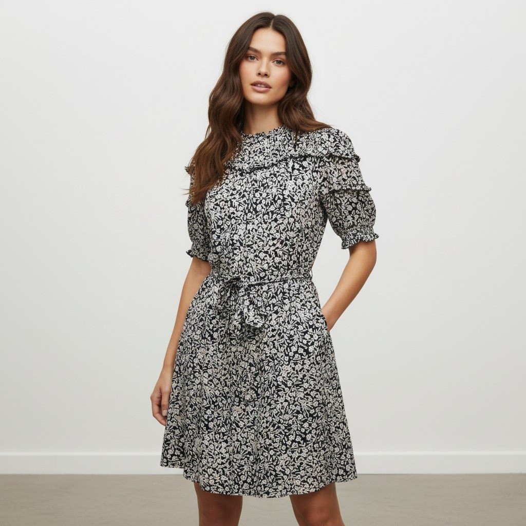 Boden Navy Floral Ruffle Yoke Mini Dress Lenzing Ecovero US 2R UK 6R Cottagecore