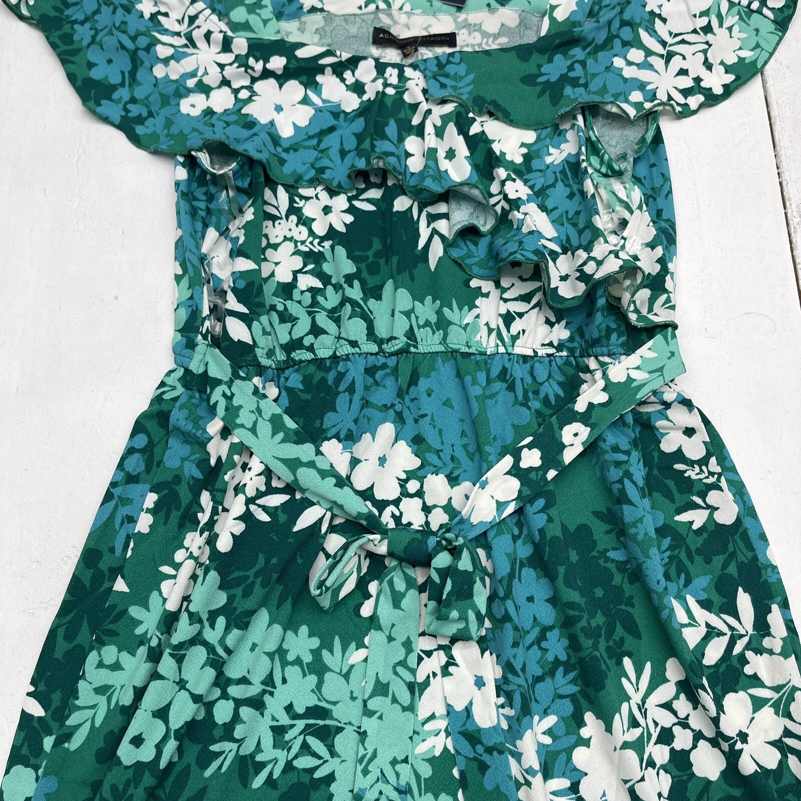 Adrienne Vittadini Green Floral Cold Shoulder Tie Waist Dress Women’s Small New