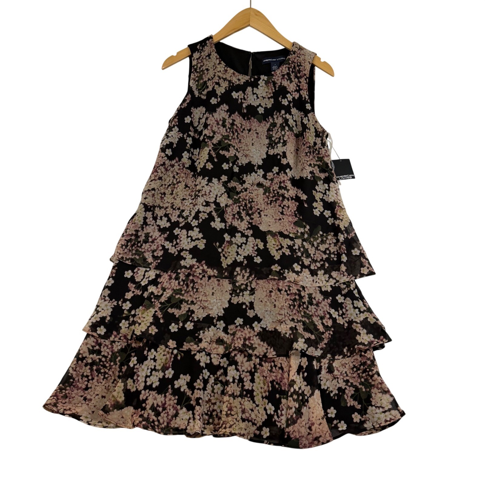 American Living Womens Black Floral Tiered Sleeveless Shift Dress Size 8