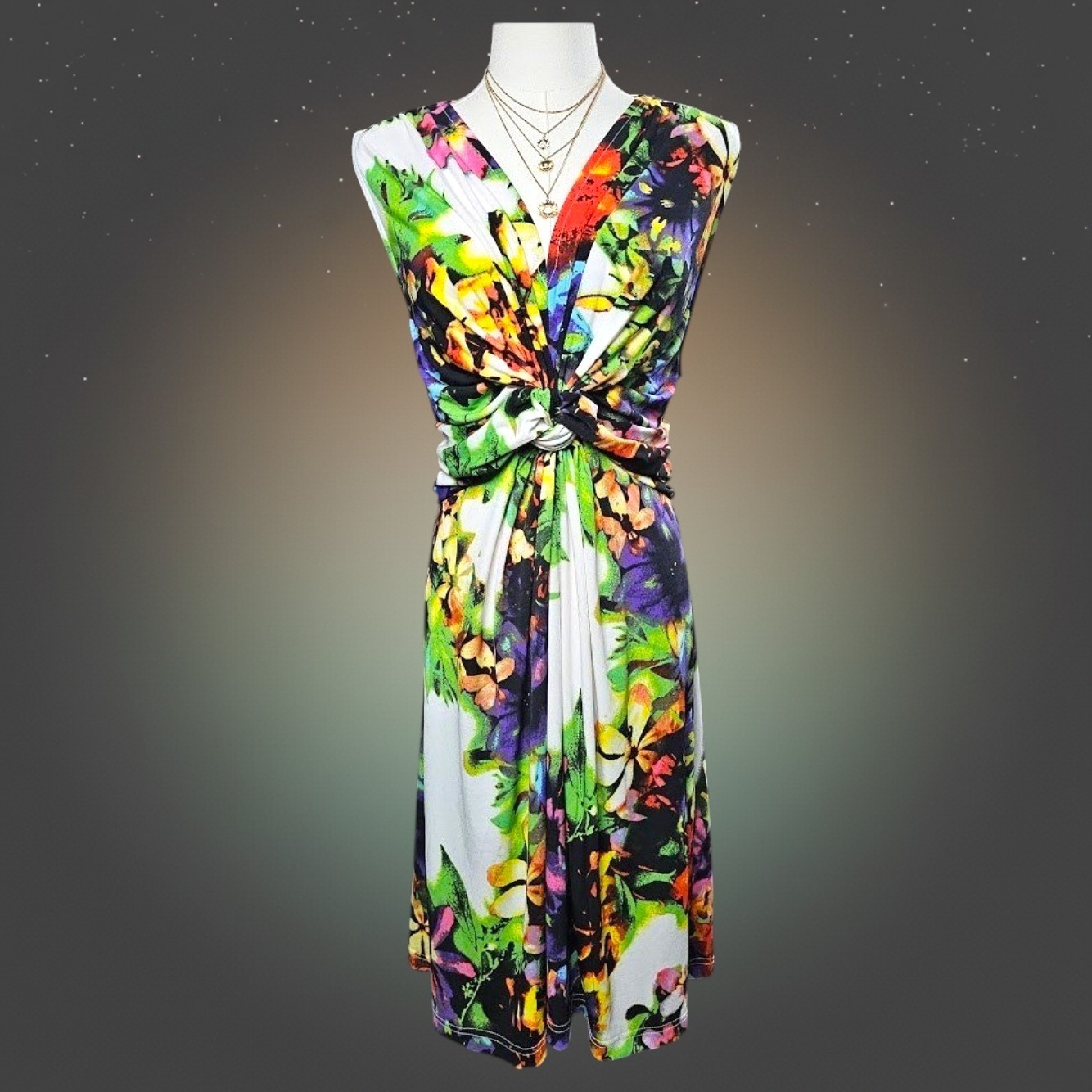 Venus Floral Twist Front Sleeveless Midi Dress Tropical V-neck Large