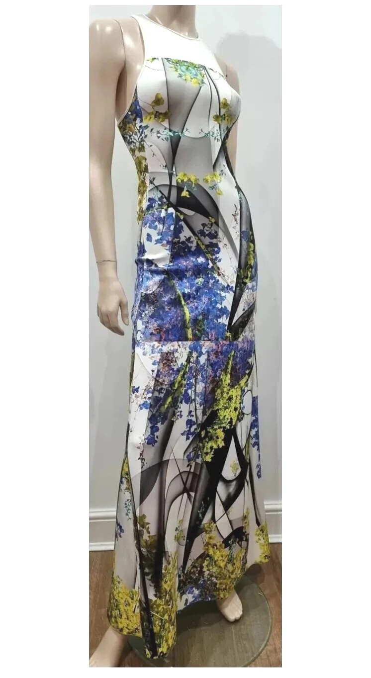 CLOVER CANYON Neoprene Scuba White Black Blue Lime Geo Print A-Line Maxi Dress M