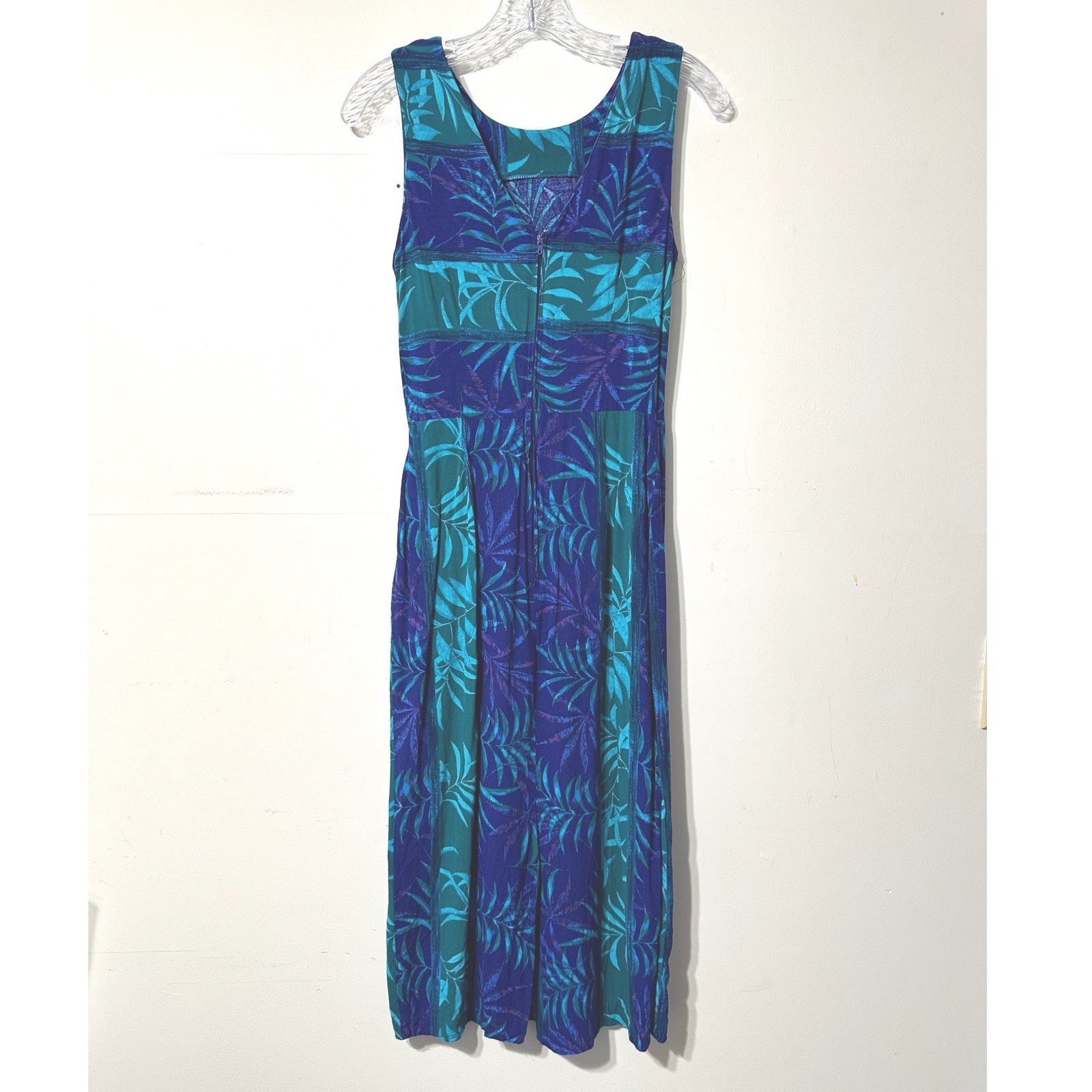 Boulevard De Paris Midi Dress Womens Blue Teal Tropical Leaf Side Tie Sleeveless