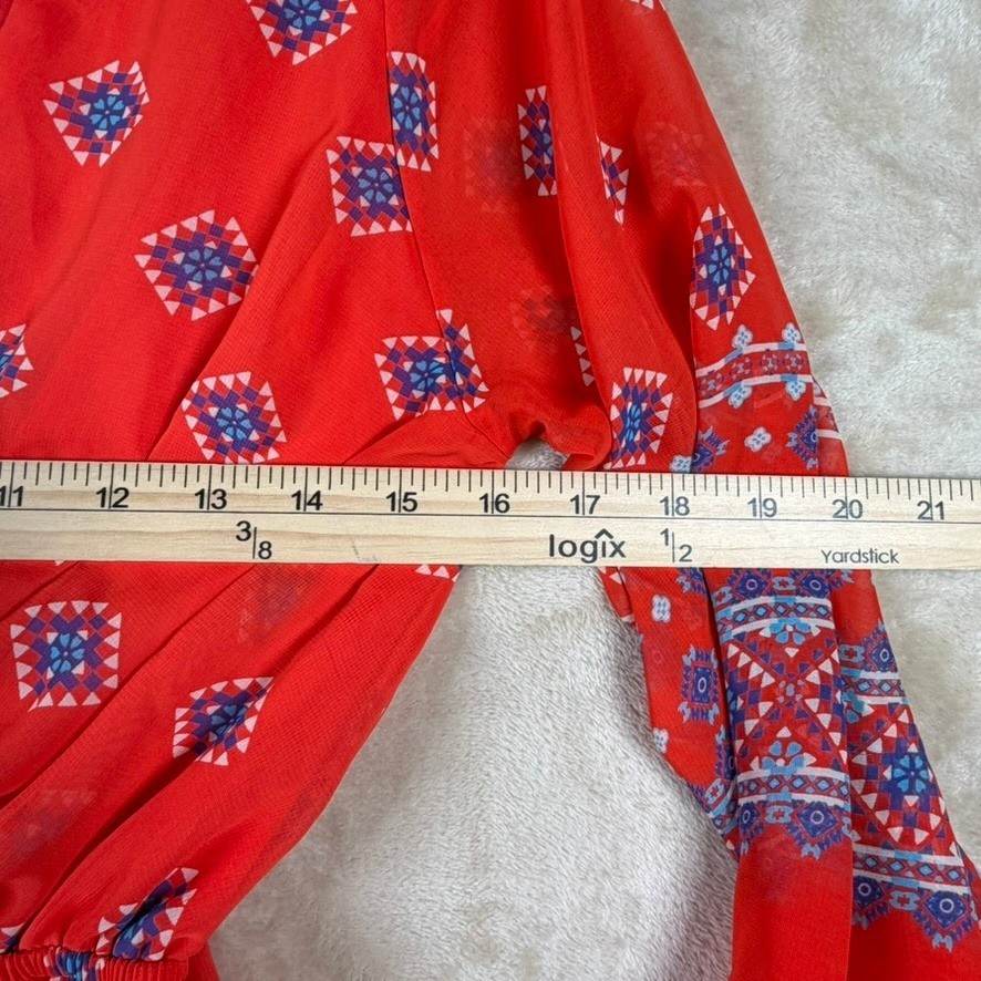 Everly Womens Small Orange Geometric Print V-Neck Mini Dress 3/4 Bell Sleeve