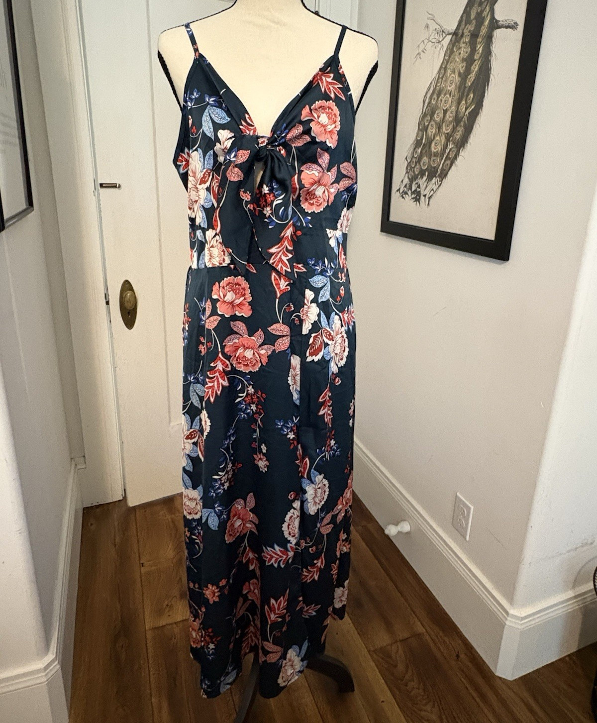 Navy Floral Maxi Dress V-Neck Tie Front Smocked Back Adjustable Straps 2XL