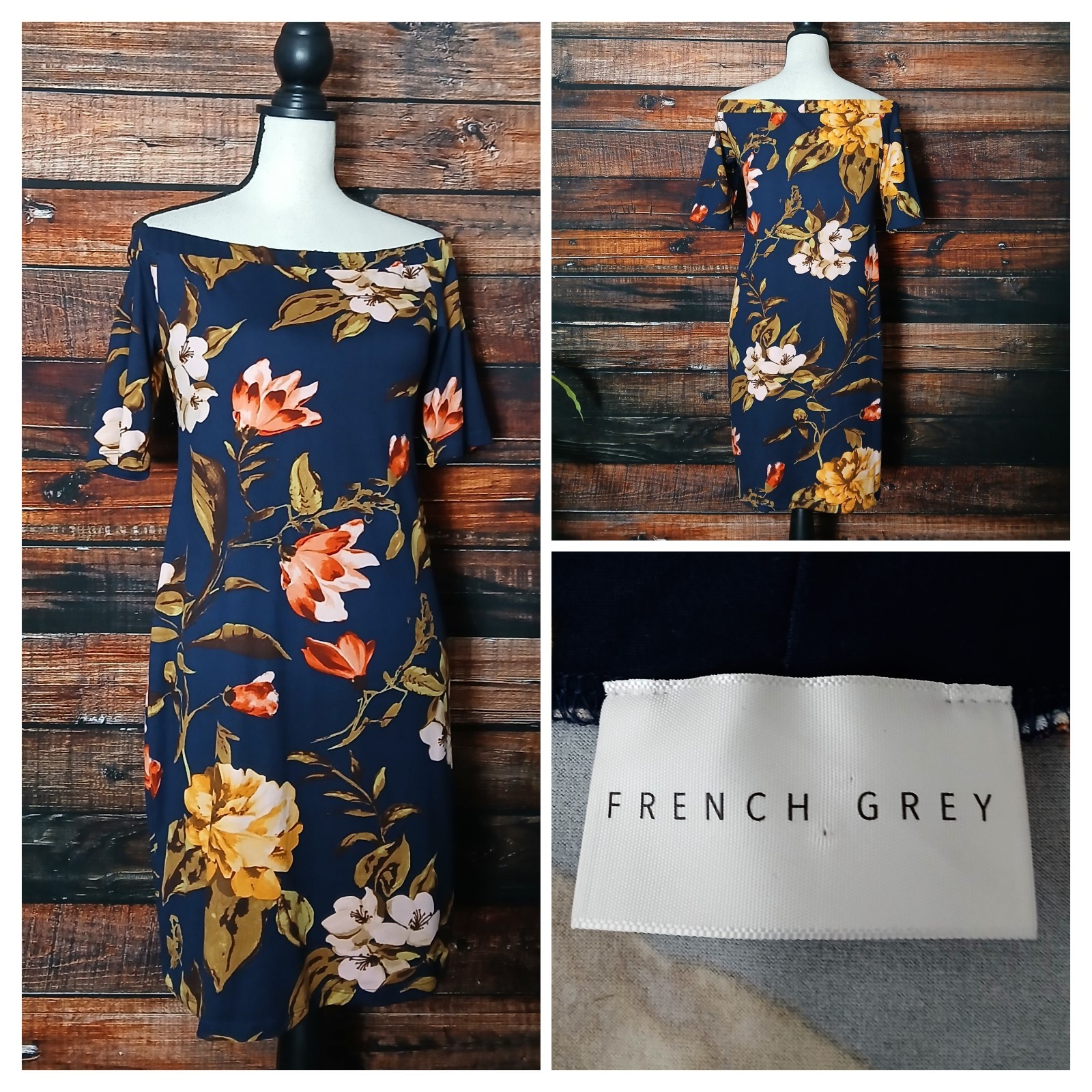 French Grey Dress M Navy Blue Floral Off Shoulder Half Sleeve Made In USA