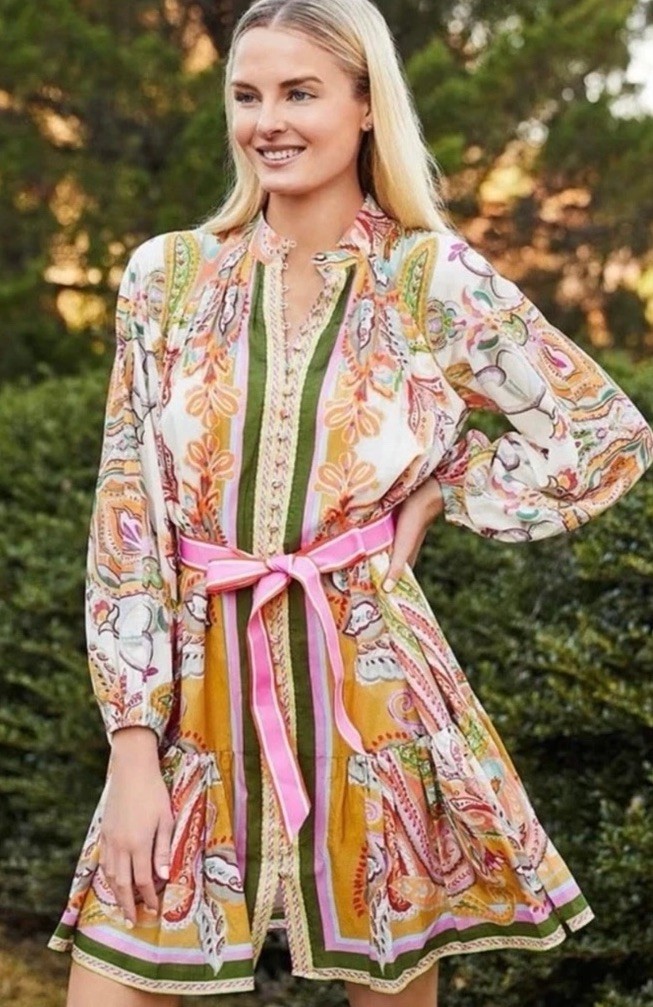 Antonio Melani SZ 10 Brynn Pink Scarf Floral Mock Neck Long Sleeve Belted Dress