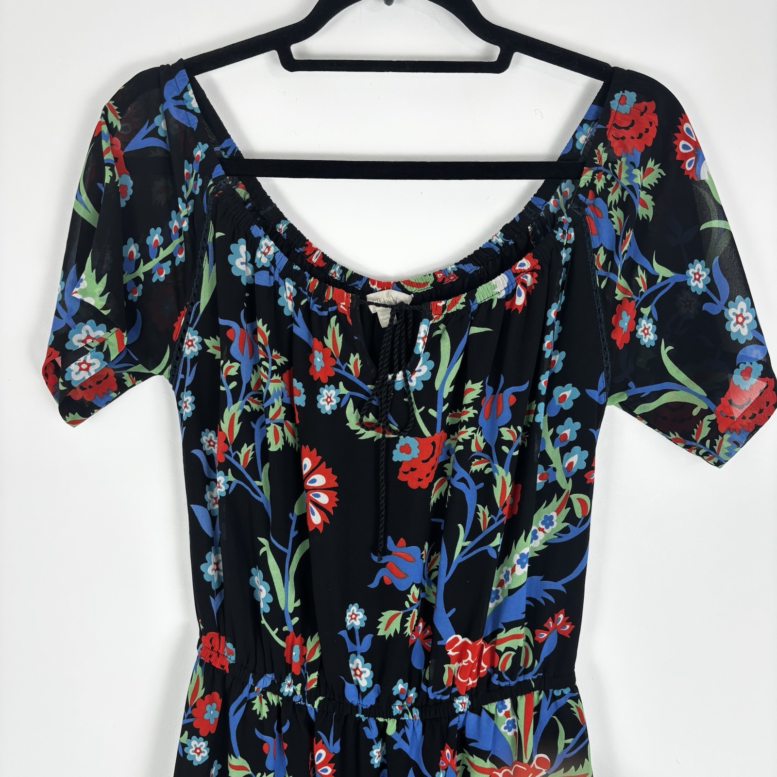 Anthology Black Floral Midi Dress Boho Western Size 10 Tassle Neck Sheer