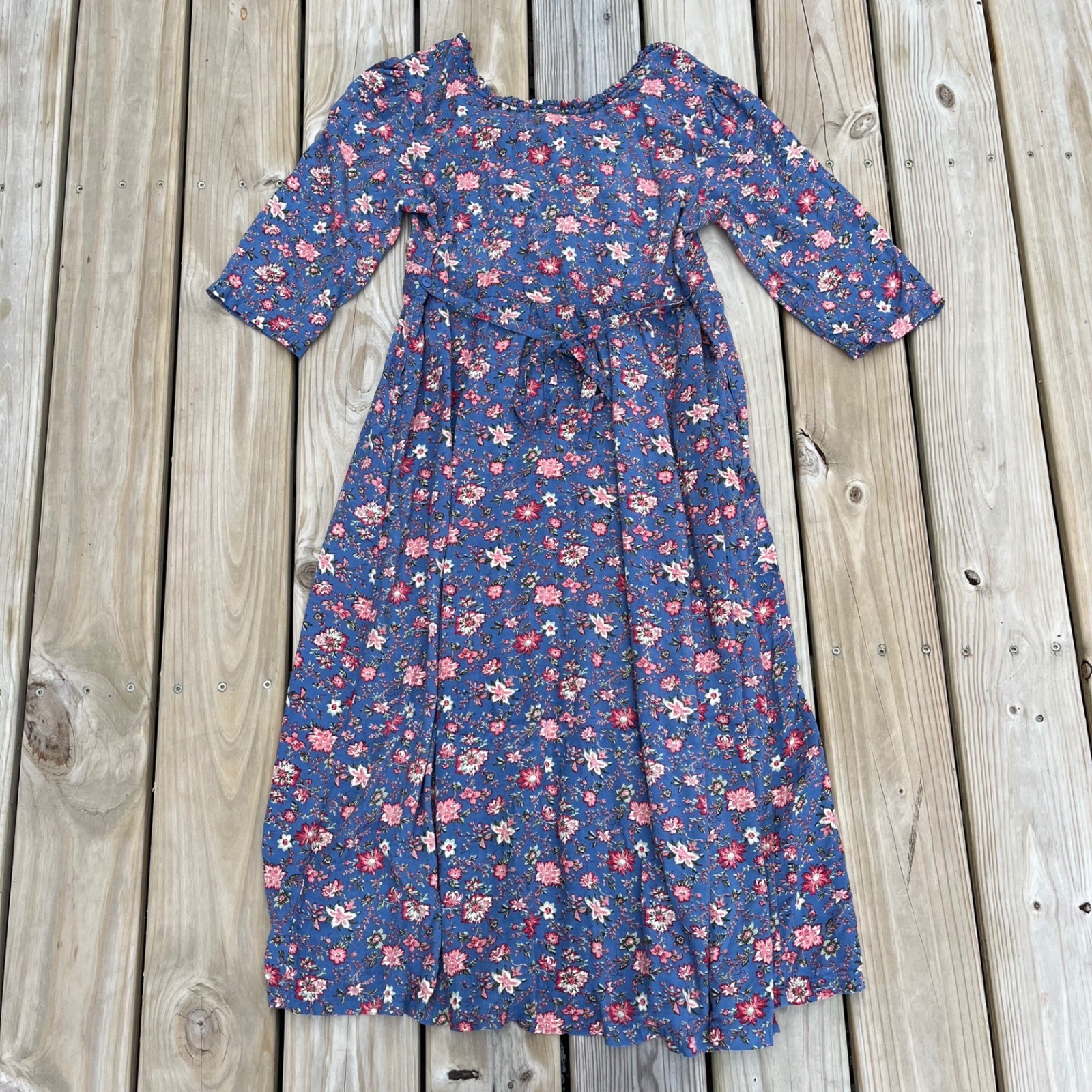 April Cornell X Modern Prairie Dress Blue Floral Midi Cottagecore Tie Waist Med