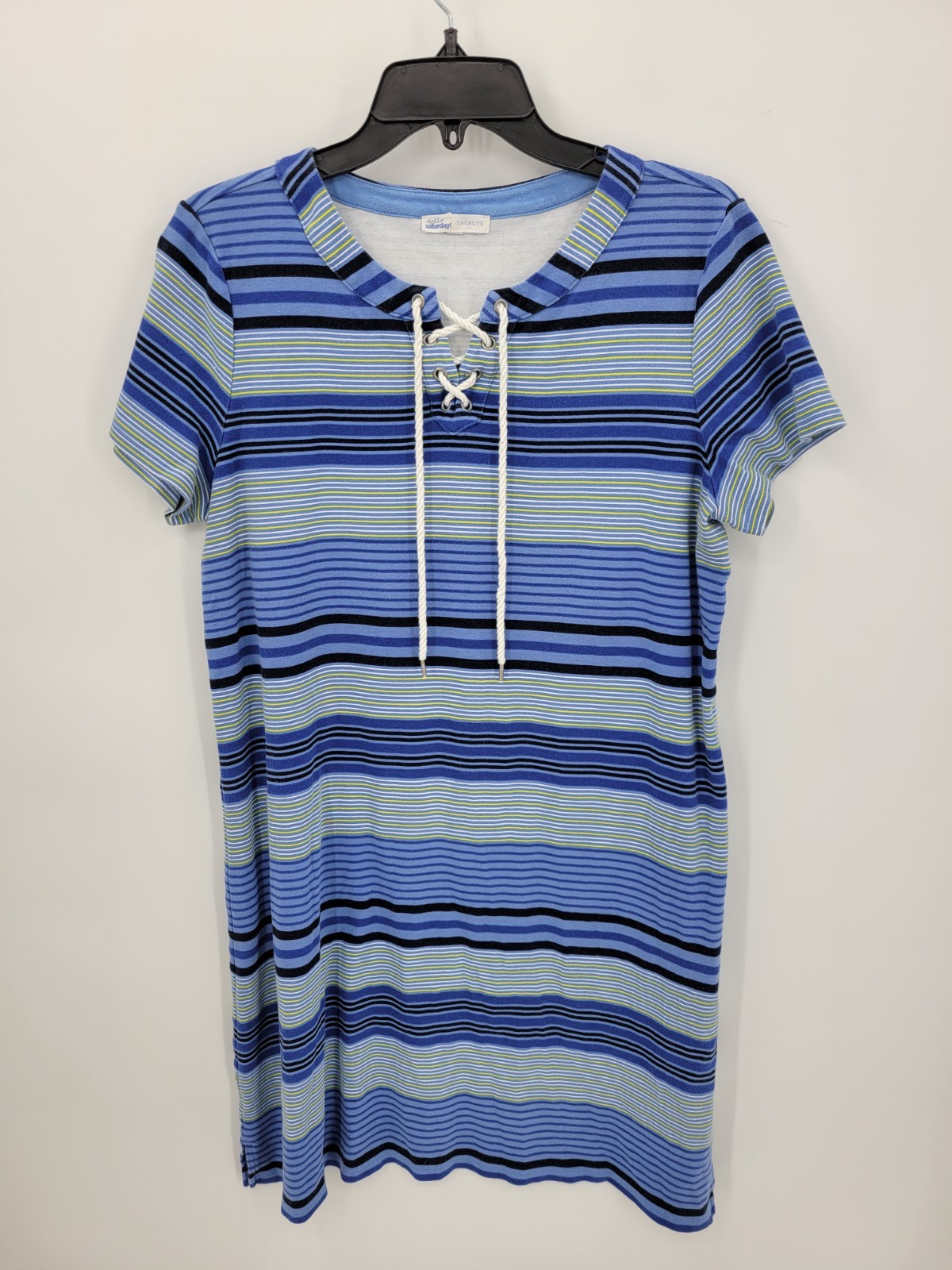 Talbots Hello Saturday Dress Womens Large Blue Stripe Lace Up Neckline Sheath