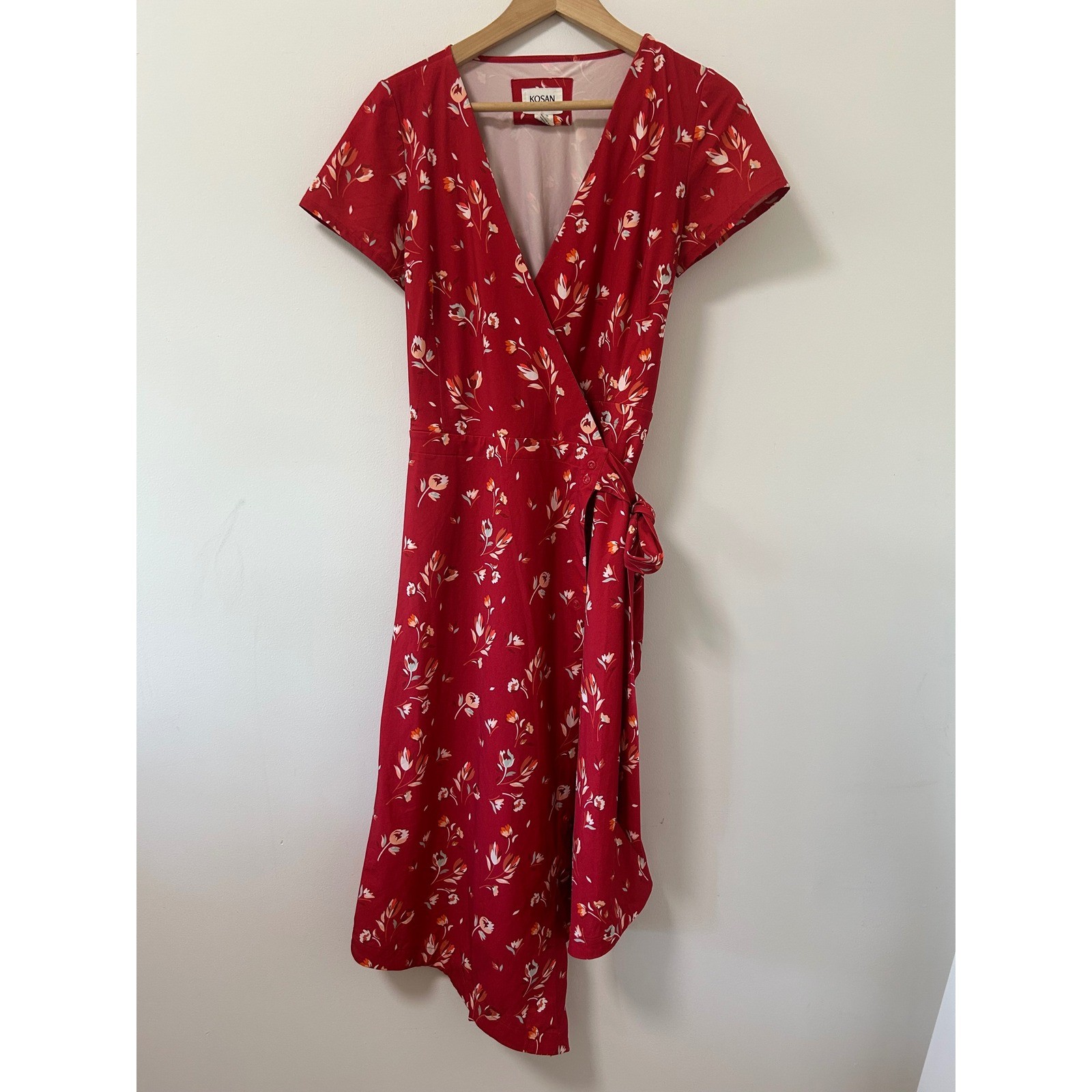Kosan Travel Co Red Floral Go-To Wrap Dress Short Sleeve Asymmetrical Midi Small