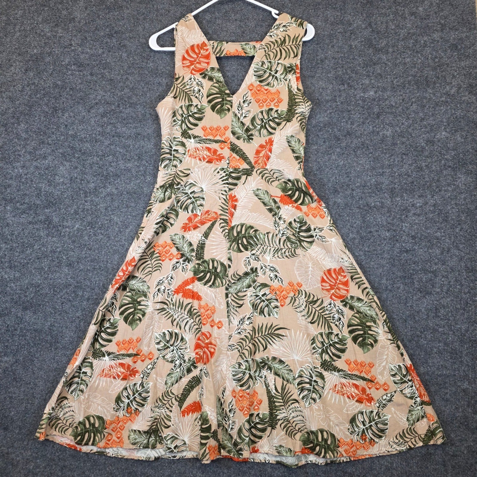 Koton Tropical Leaf Print Midi Dress Women EUR 38 US 6 Beige Green Orange V-Neck