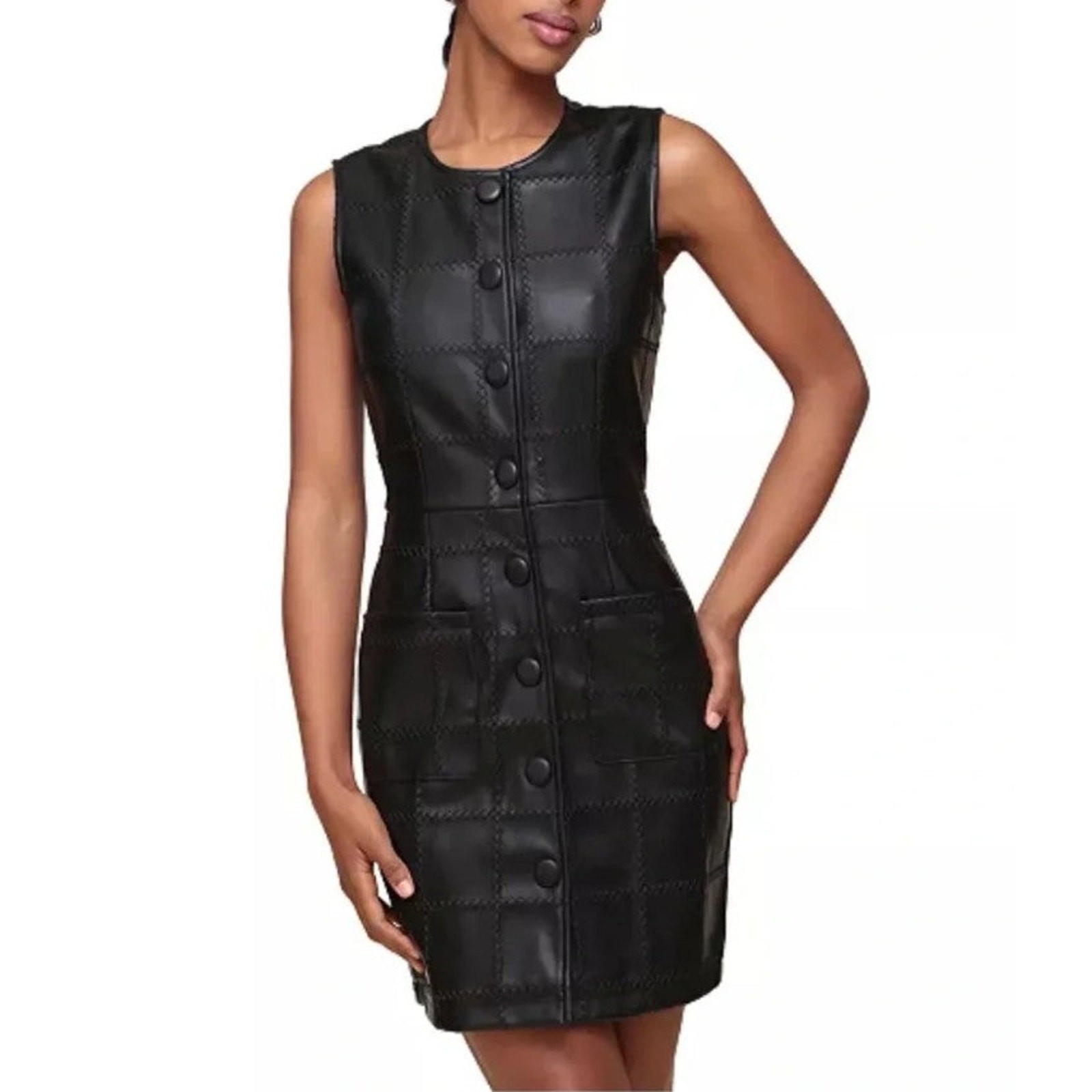 Avec Les Filles Seamed Faux Leather Mini Dress Black Quilted Sleeveless 8