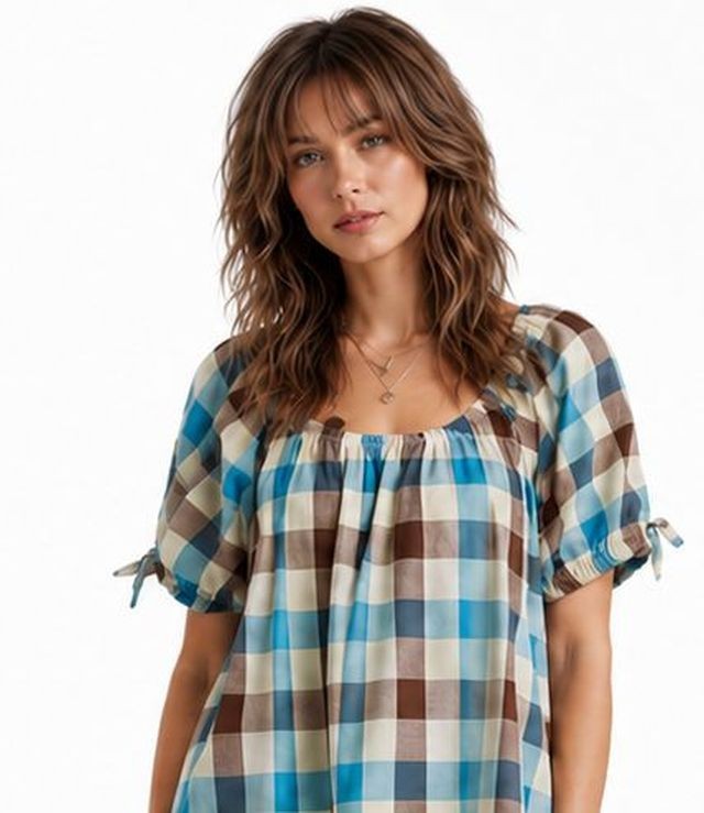New Gigio L 12 14 Teal Brown Plaid Side Pockets Lined Oversized Cotton Dress