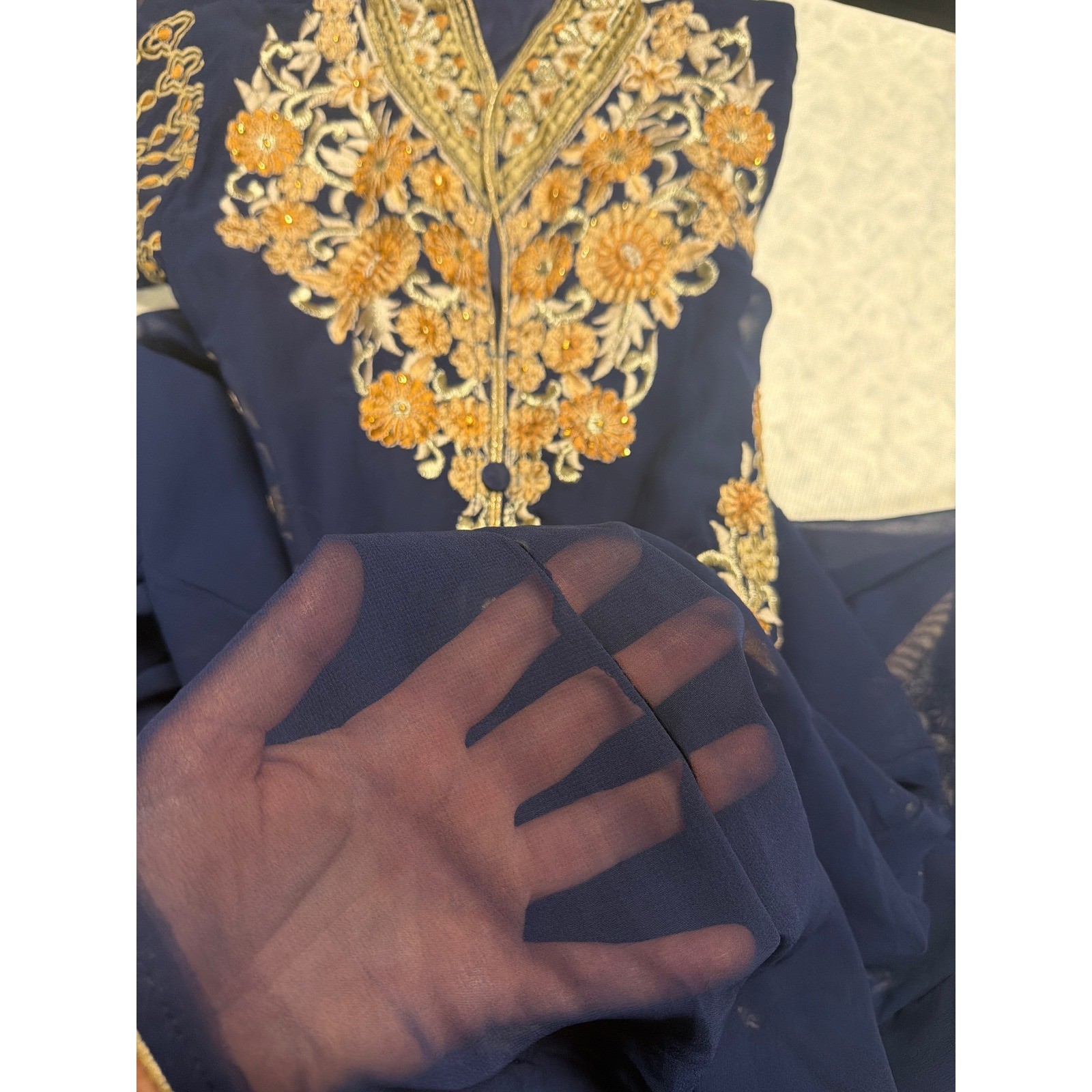 Navy Blue Gold Floral Embroidered Maxi Gown Mandarin Collar Side Zip Long Sleeve