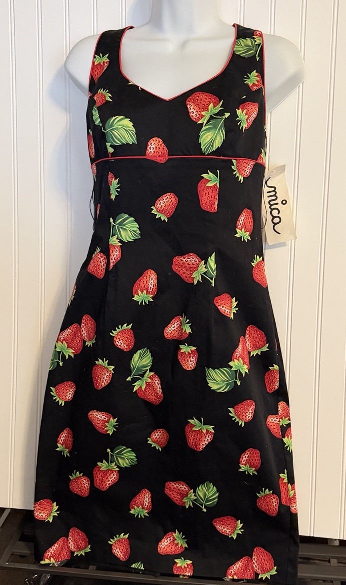 NWT Vintage Mica Halter Dress Y2K 90s Black Strawberry Print Retro Pinup Size 8