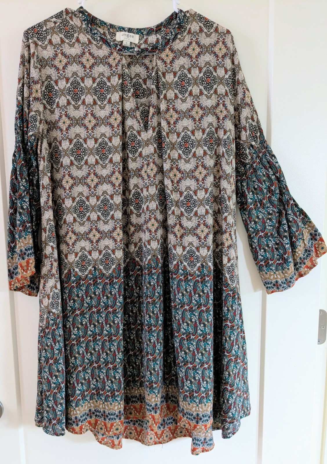 Umgee Oversize Sm Mini Dress Bell 3/4 Sleeve Peasant Boho Gypsy Paisley Border