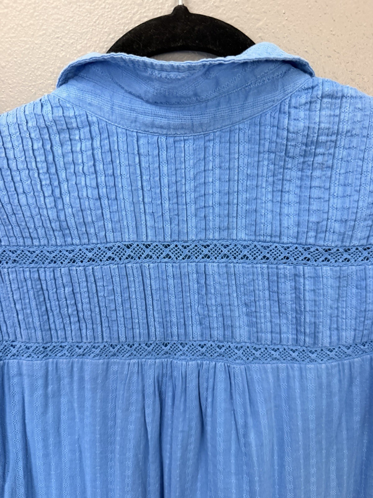 Anthropologie Blue Tiered Dress Medium Cotton Lace Boho Pockets Lined