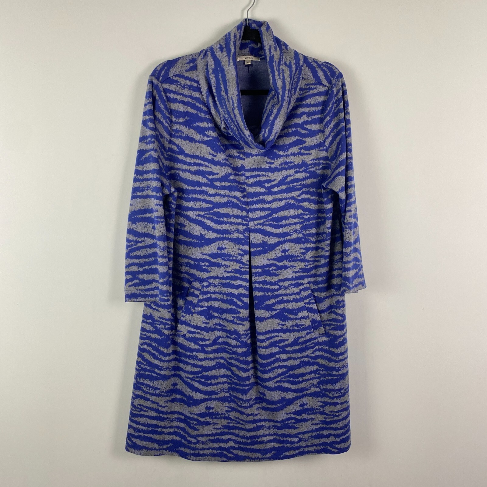 Tyler Boe Knit Cowl Neck Dress Size XL Blue Gray Digital Zebra Print 3/4 Sleeves