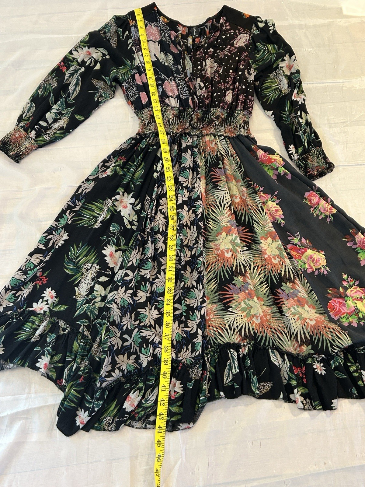 Sacred Threads Black Multicolor Floral Smocked Ruffle Tie A-Line Midi Dress L/XL