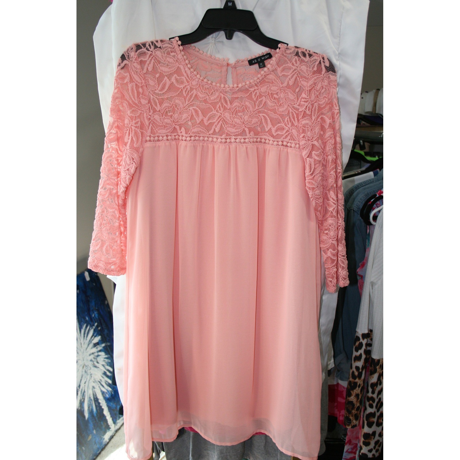 As U Wish Pink Lace Chiffon Mini Dress Womens Medium 3/4 Sleeve Pom Pom Trim