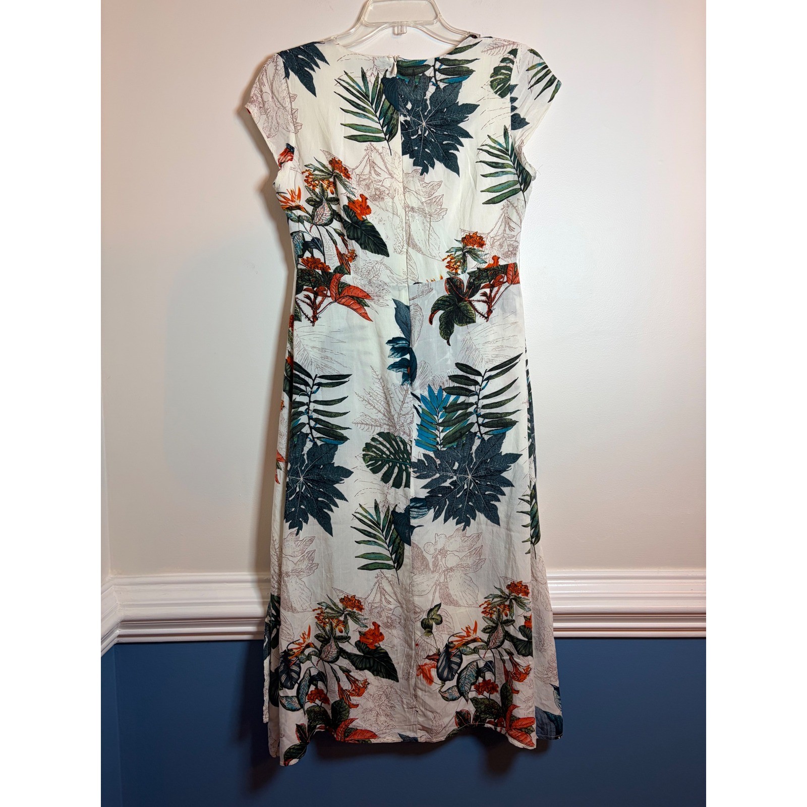 Young Essence Tropical Botanical Floral Faux Wrap Midi Dress White Green Orange