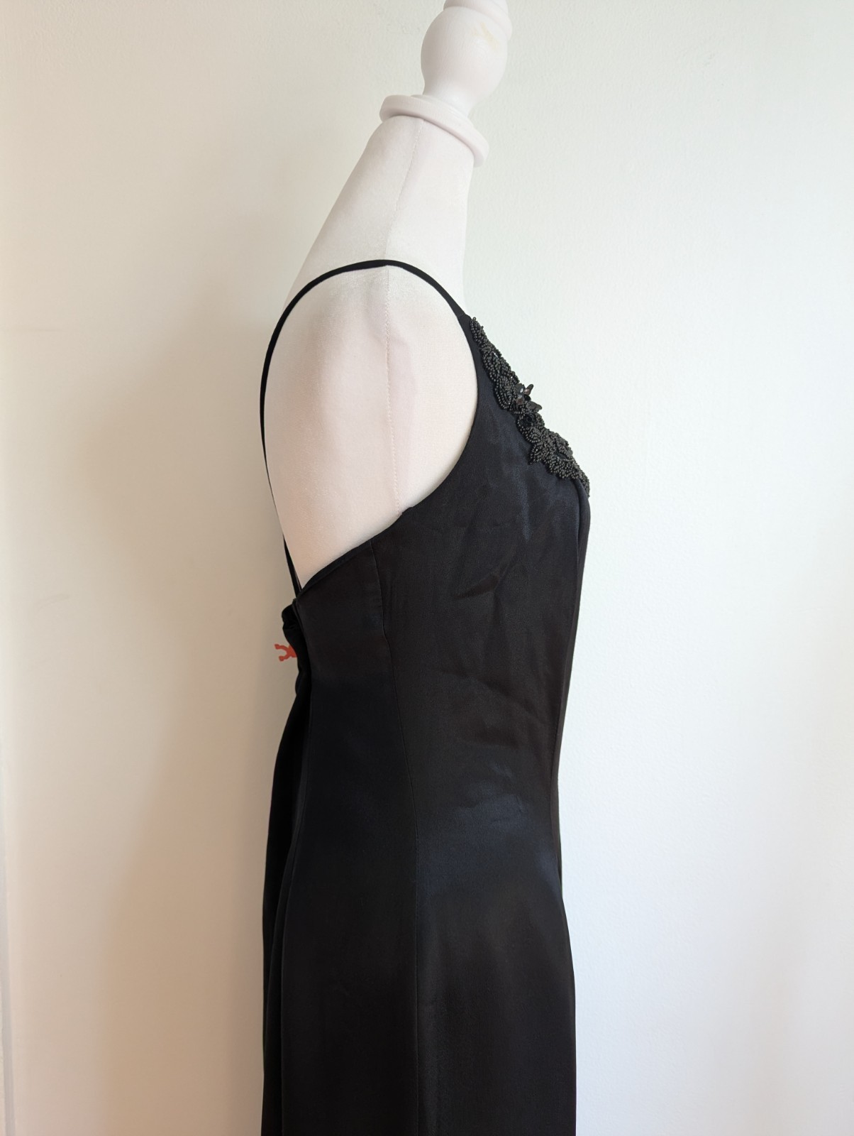 Vintage 90s Elegant Black Satin Sheath Gown With Beaded Bodice Square Neck 12