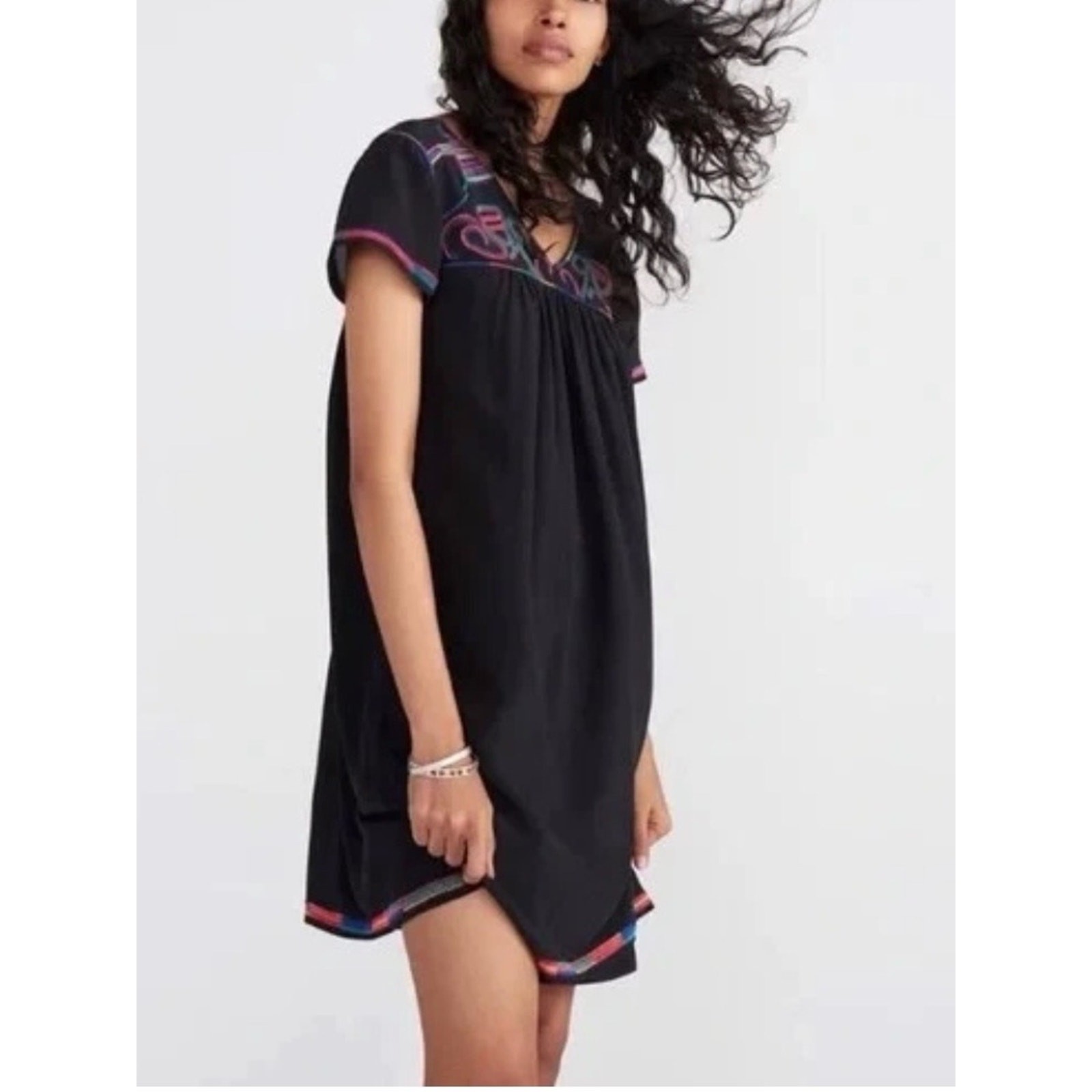 Madewell 100% Silk Embroidered Shift Dress Black Multicolor Boho Artisan Small