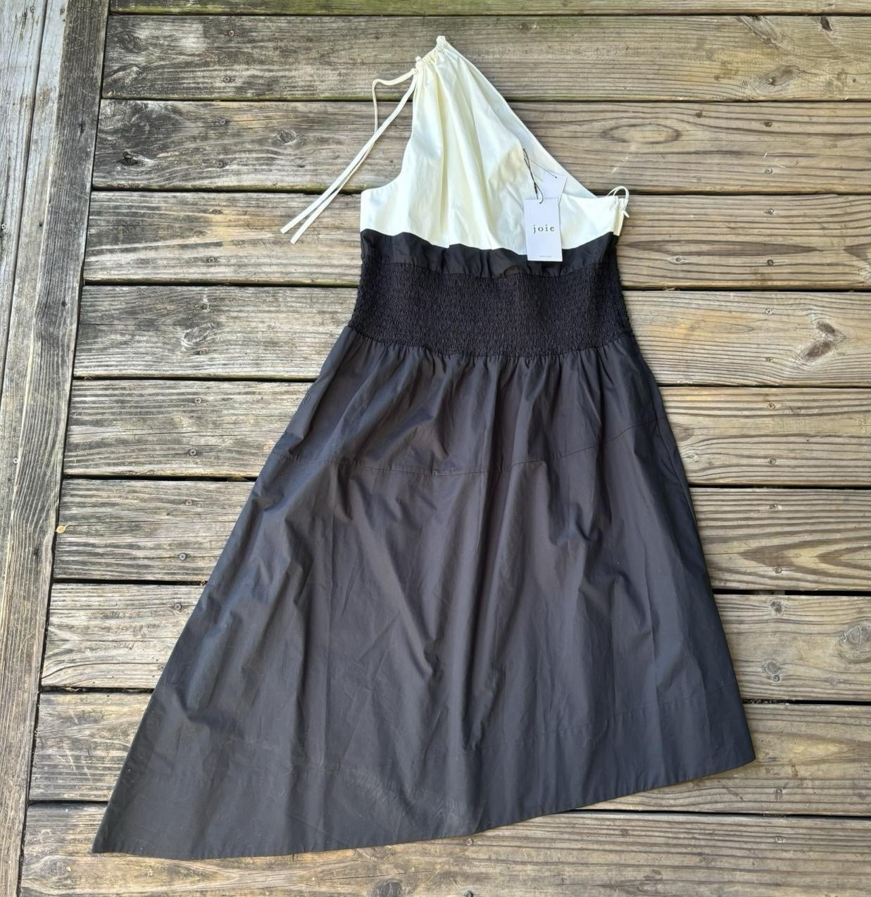 Joie Women’s Black/White Colorblock Halter Smocked Woven Cotton A-Line Dress XL