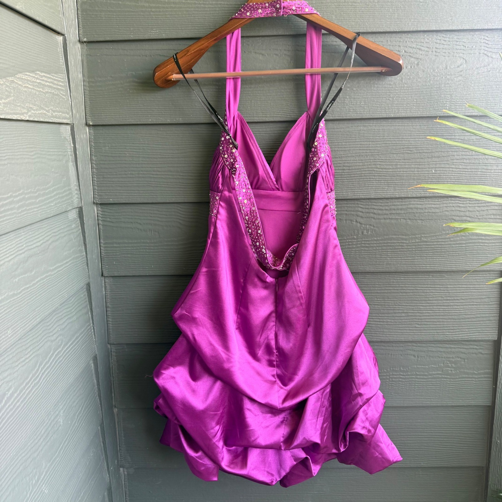 Xtraordinary Purple Satin Halter Bubble Skirt Mini Dress Sequin Waist Size 3