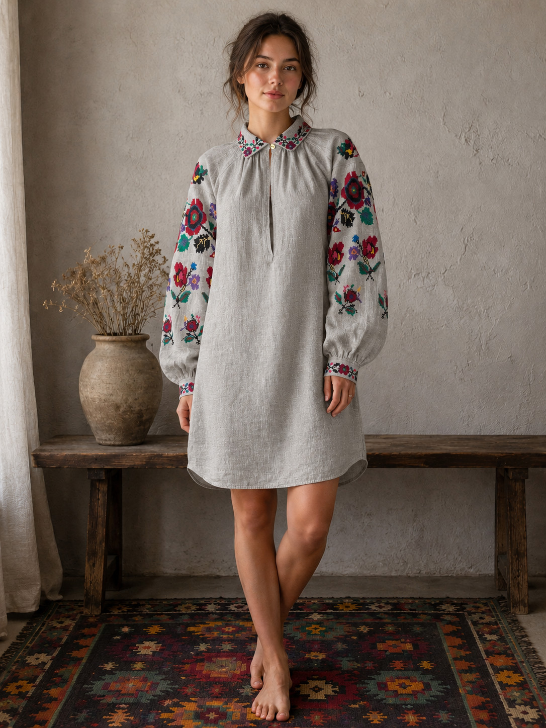 Vintage Ukrainian Embroidered Vyshyvanka Dress Handmade Folk Boho Shirt