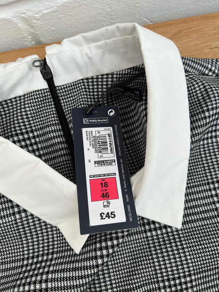 M&S Collection Dress Checked Black White Contrast Collar Size 18 EUR 46 RRP £45