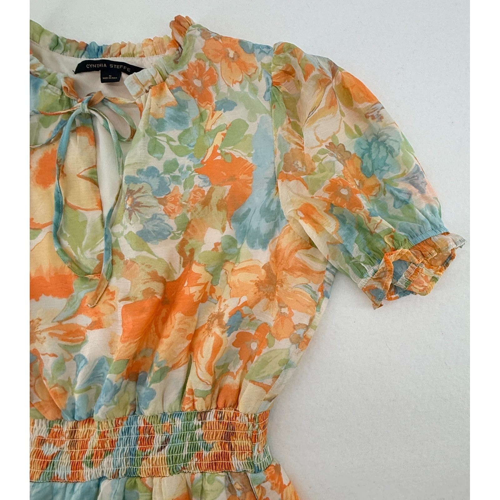Cynthia Steffe Womens M Floral Midi Dress Smocked Waist Puff Sleeve Boho