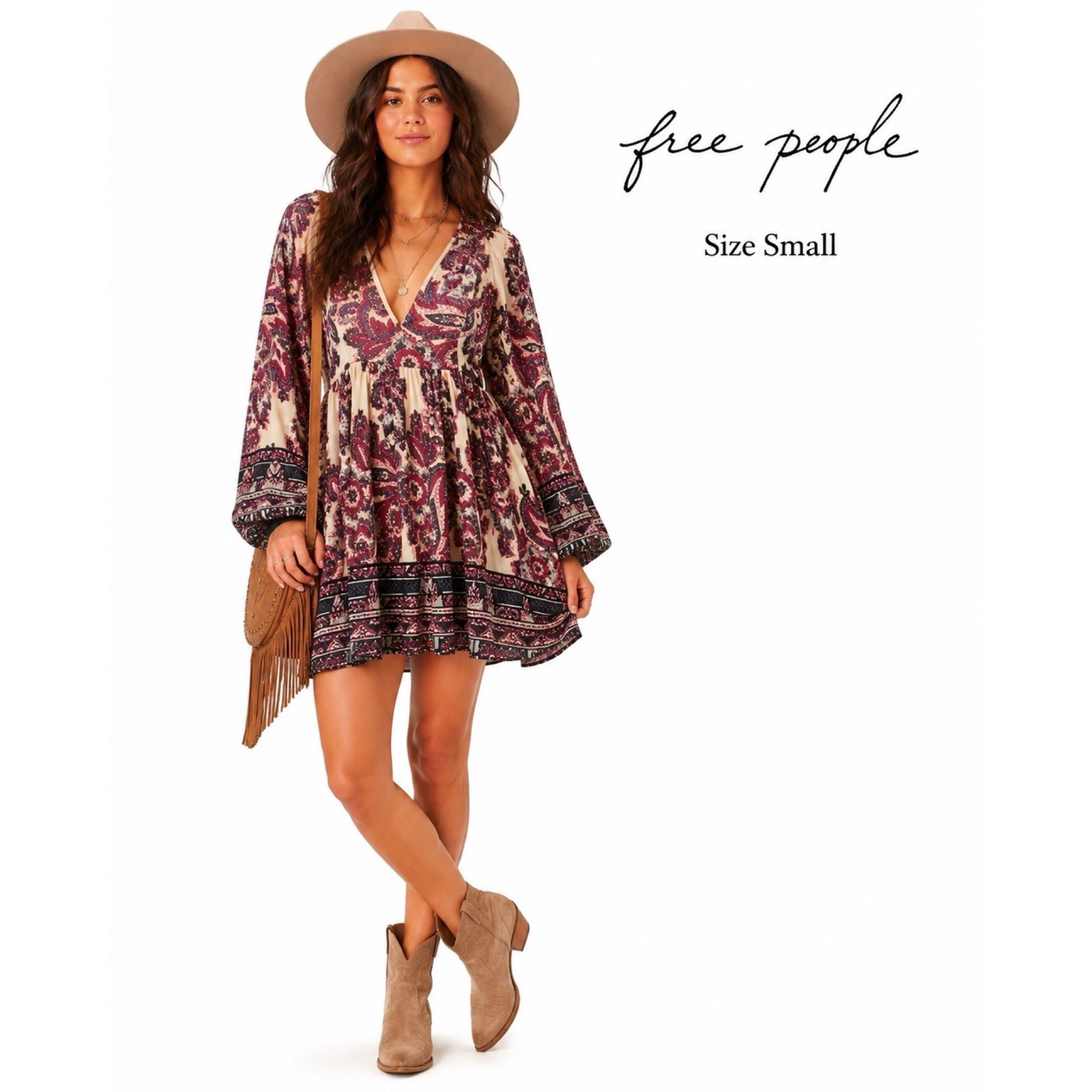 Free People Boho Paisley Print Silky Satin Mini Dress Size Small