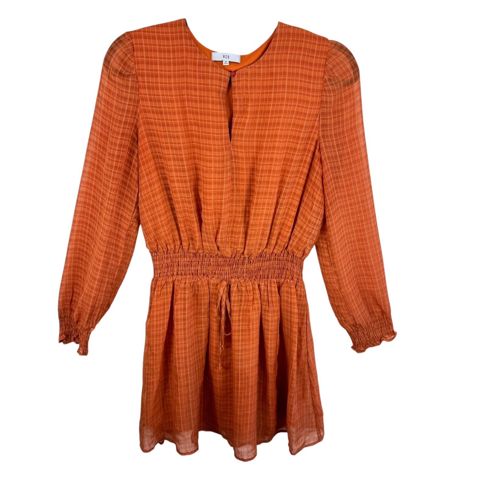 NSR Orange Plaid Long Sleeve Smocked Waist Lined Lightweight Mini Dress Size M