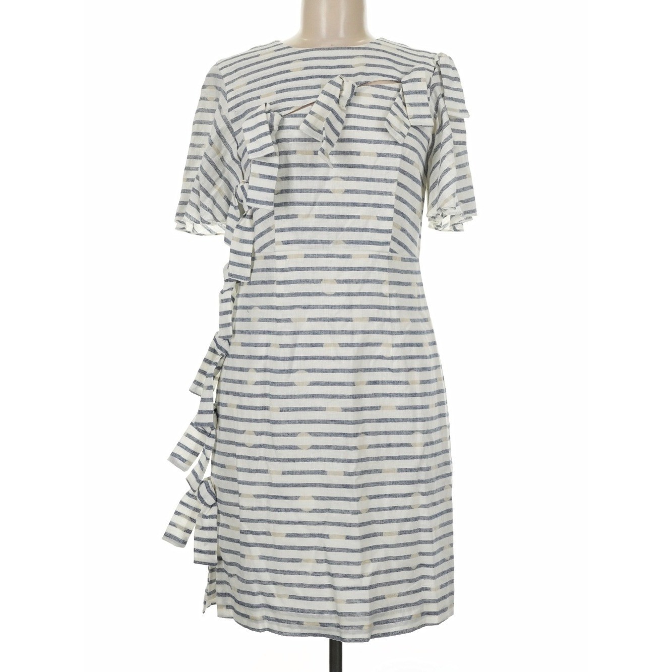 WHIT striped linen shift dress features flutter sleeves and a side tie accents