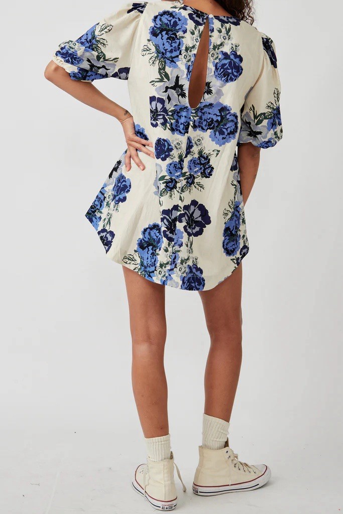 Free People Ivory Blue Floral Cotton Mini Dress Puff Sleeve Keyhole Button M