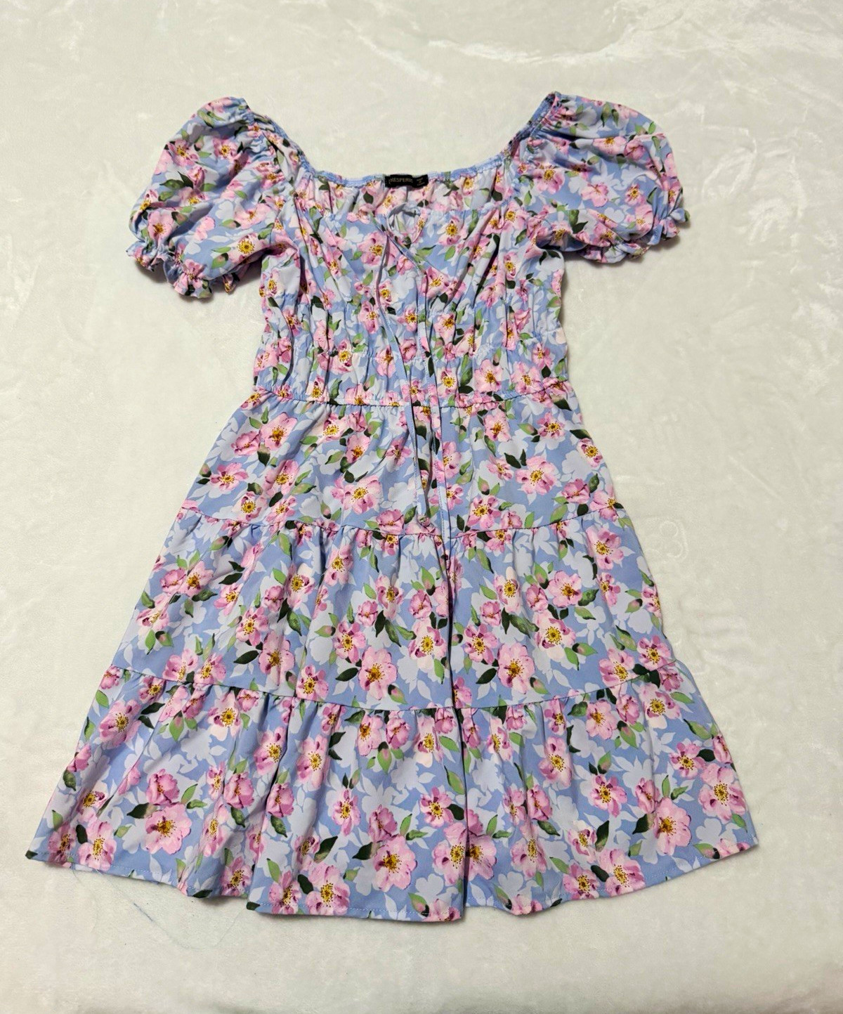 Hesperus Women’s Blue Floral Off Shoulder Puff Sleeve Mini Dress Size L