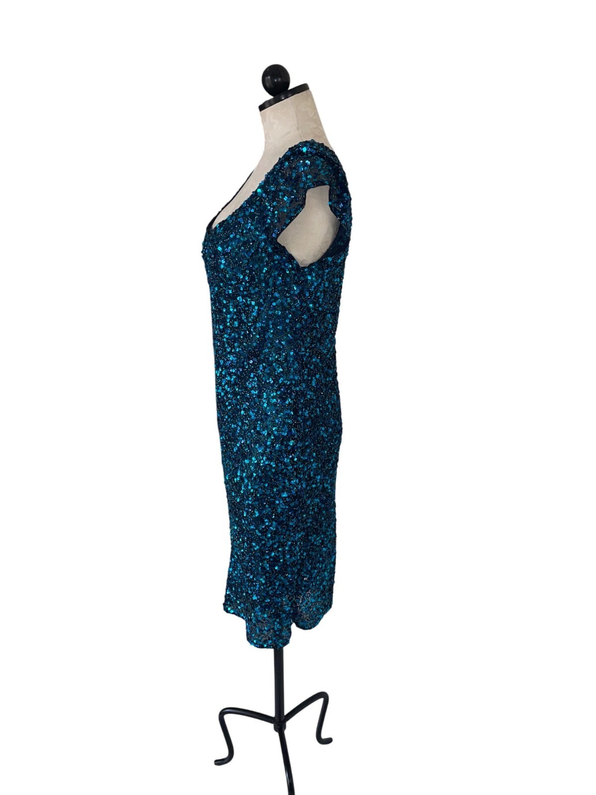 Scala Mini Dress Sequin Vintage Womens Size Large Blue Beaded Lined Pure Silk