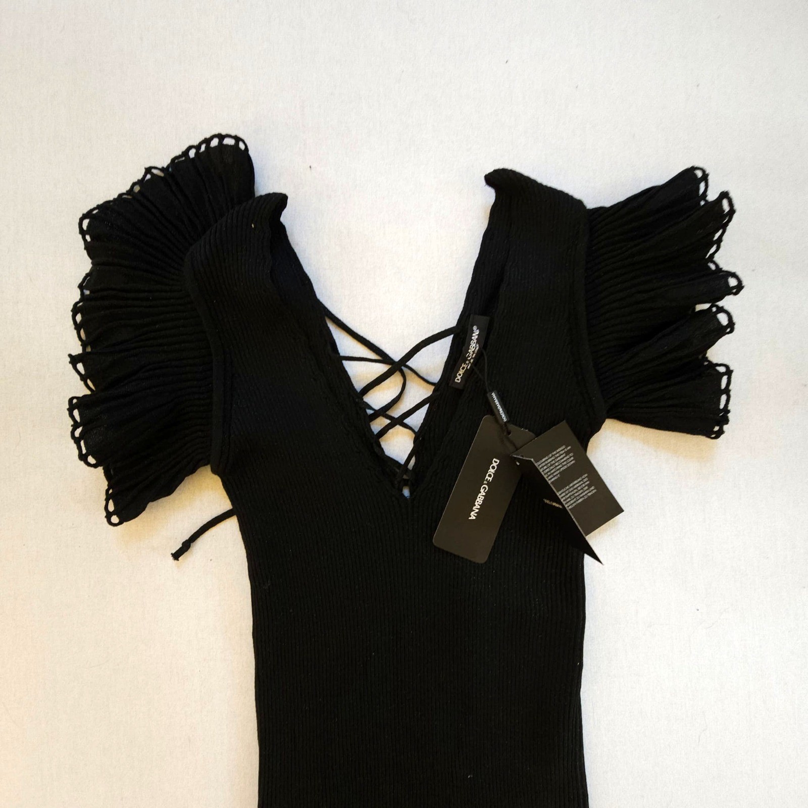 Dolce & Gabbana Black Ribbed Knit Mini Dress Open Back Lace Up
