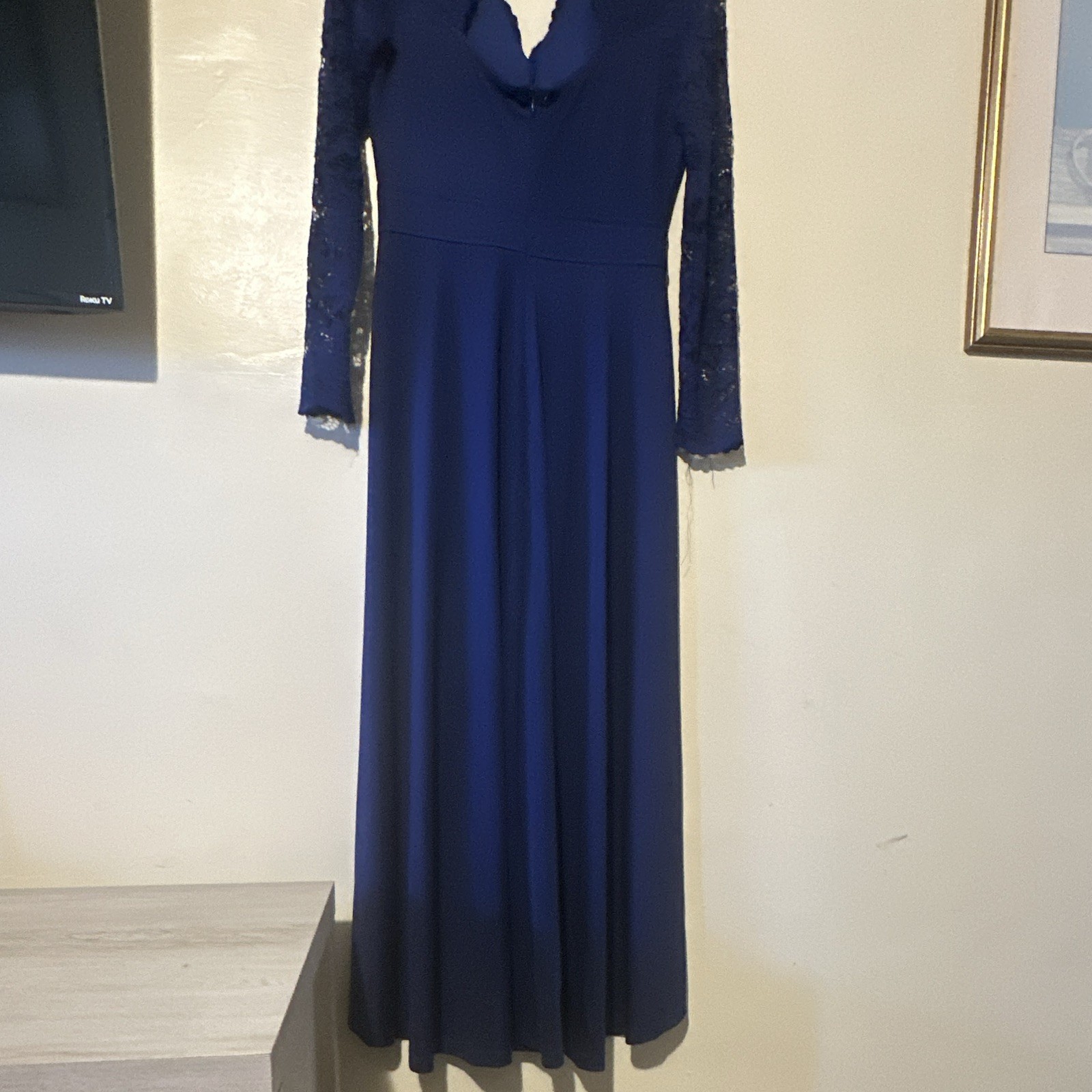 Womens M Blue Solid Lace V-Neck Long Sleeve Maxi Long Dress Polyester Spandex
