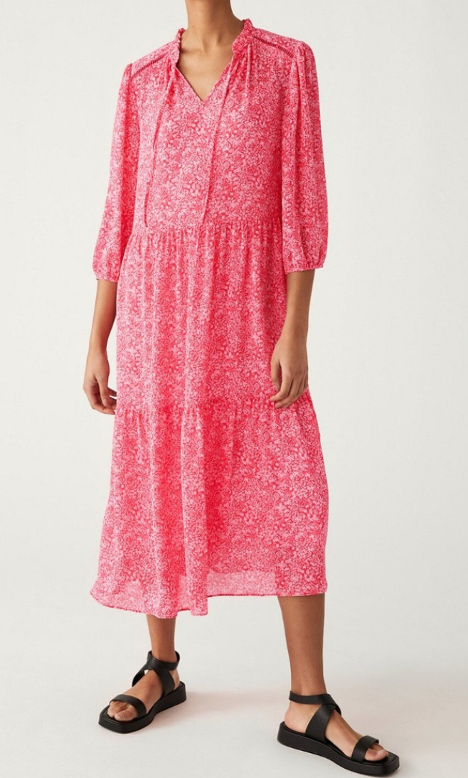 M&S UK 12 Pink Tiered Ruffle Tie V-Neckline Floaty Midi Dress Summer 3/4 Sleeves