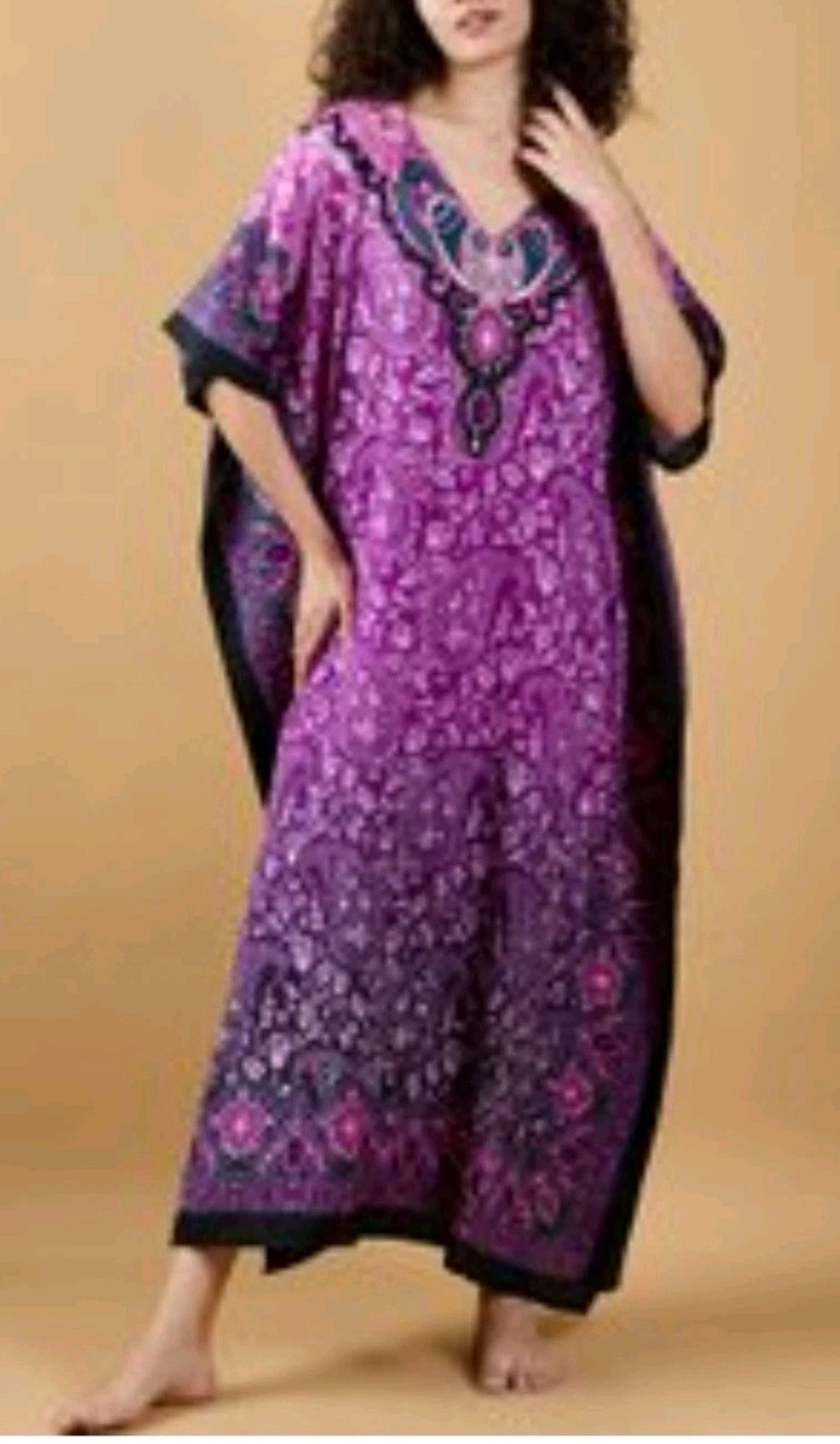 Miss Lavish Full Length House Gown Purple Paisley NAP Dress Boho Kaftan 14 18