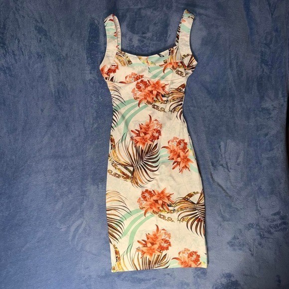 ChicMe orange floral print bodycon dress with brown palm leaves women size S