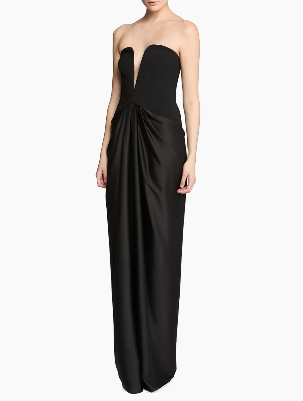 NWT Halston Sanna Deep Plunge Black Crepe & Satin Gown $595. Size 10